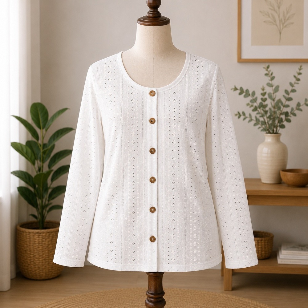 NWT Cupshe Eyelet‎ Button Front Top Womens L White Long Sleeve Scoop Neck Blouse
